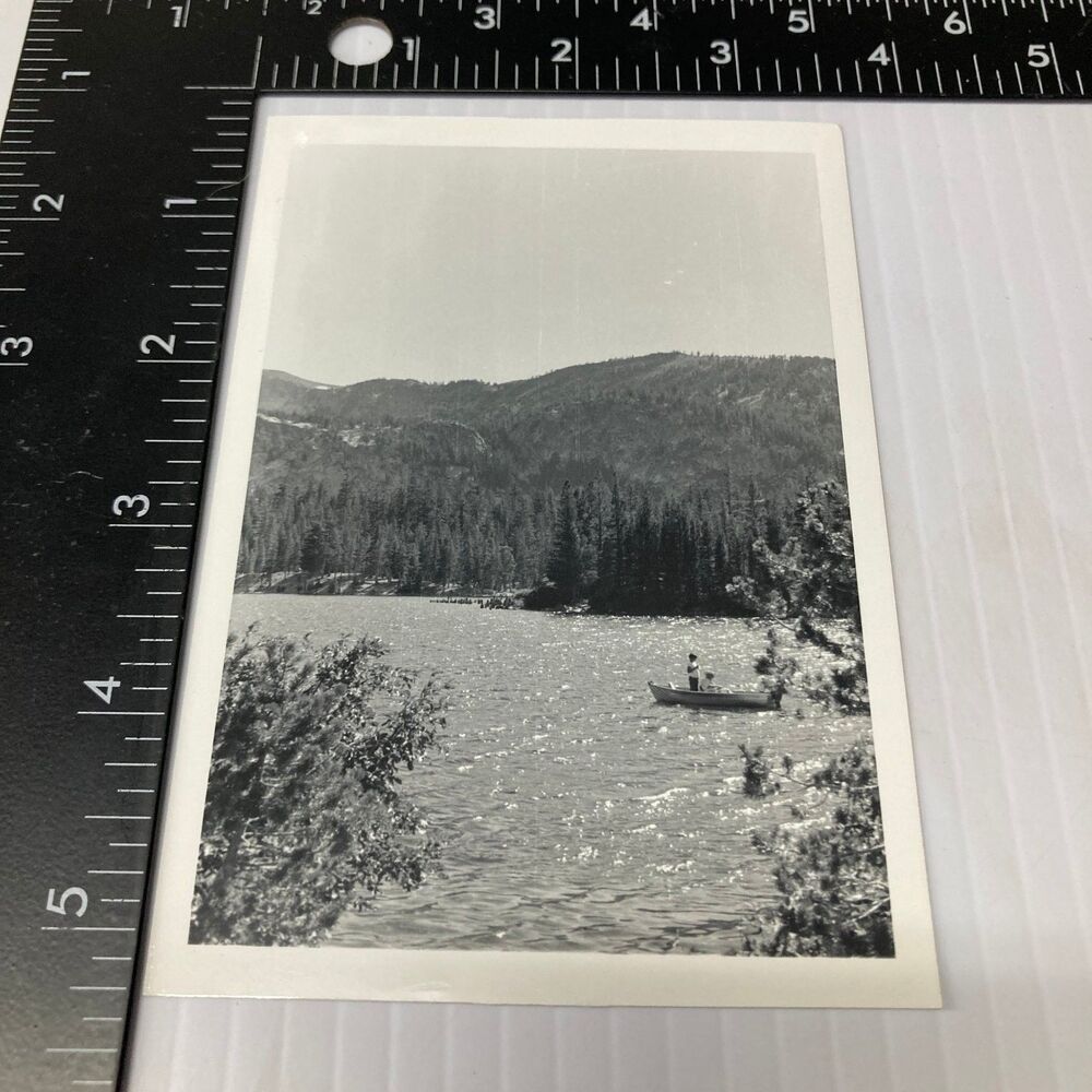 Lake Boating Mountain Landscape 1950s Snapshot Photograph Outdoor Recreation